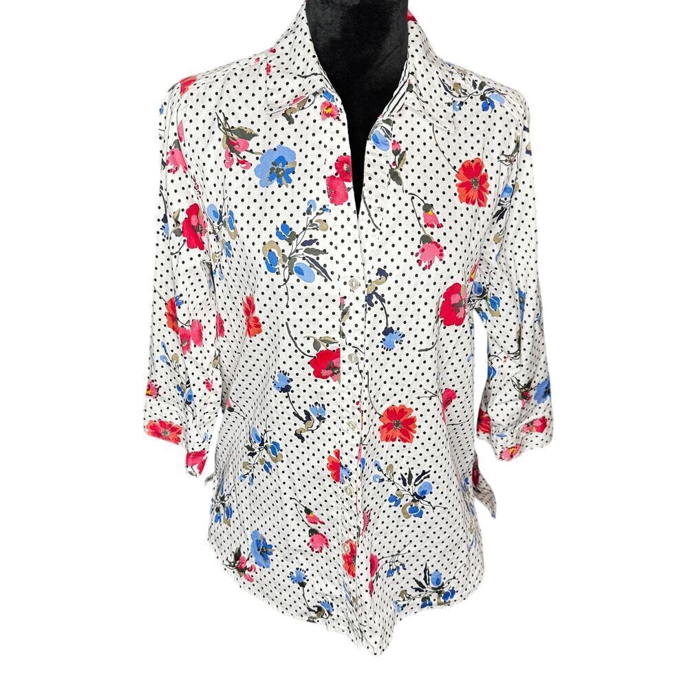 Allison Daley Women's sz 12 3/4 sleeve button Polka Dot Floral Blouse Top Casual